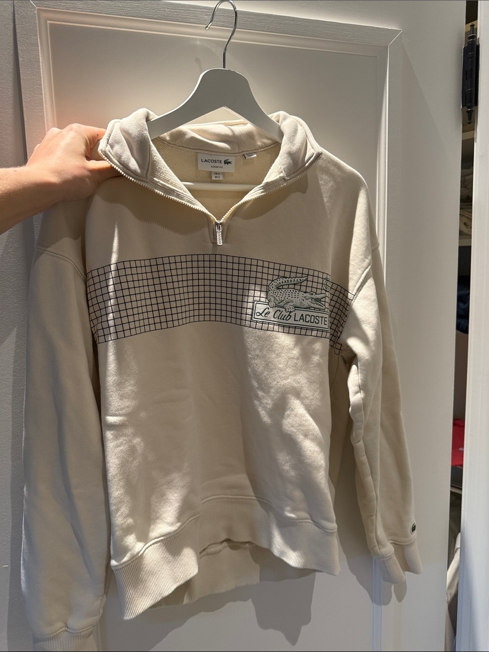 Lacoste Men's Cream Quarter-Zip Sweatshirt with Grid Panel